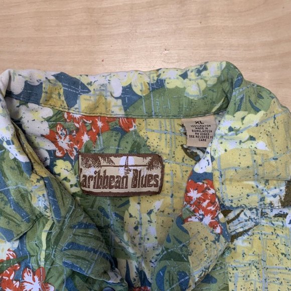 Caribbean Blues Men’s Hawaiian Shirt Size XL Green & Yellow Floral Vintage - Picture 4 of 6